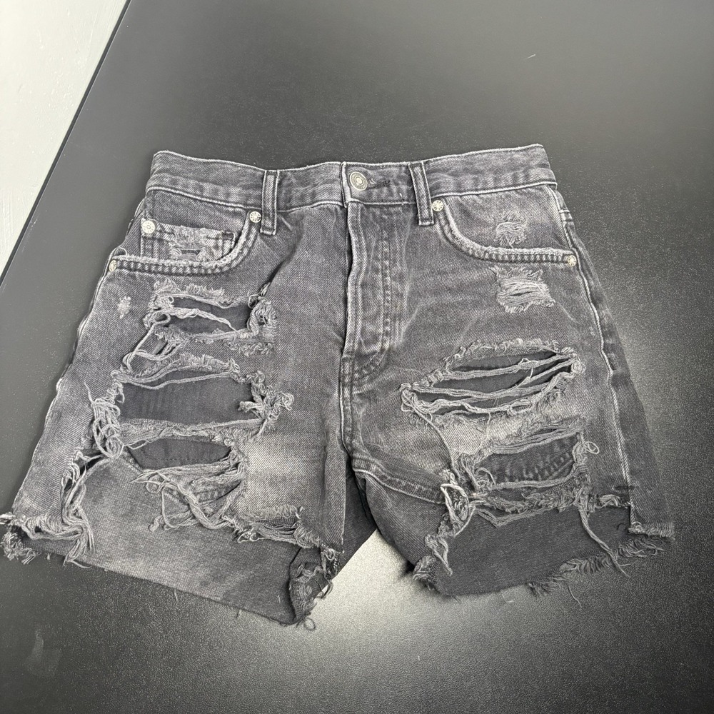 We The Free Women's Mid-Rise Distressed Black Denim Shorts Sz 24 Button Fly